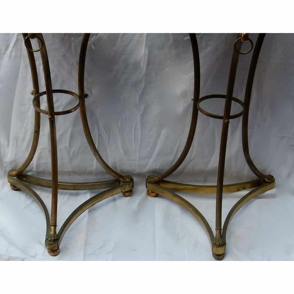1950/70 Paire de Guéridons Style Maison Jansen Bronze Doré Plateau Marbre Veiné Vert | Biron 1950/70 Paire de Guéridons Style Maison Jansen Bronze Doré Plateau Marbre Veiné Vert