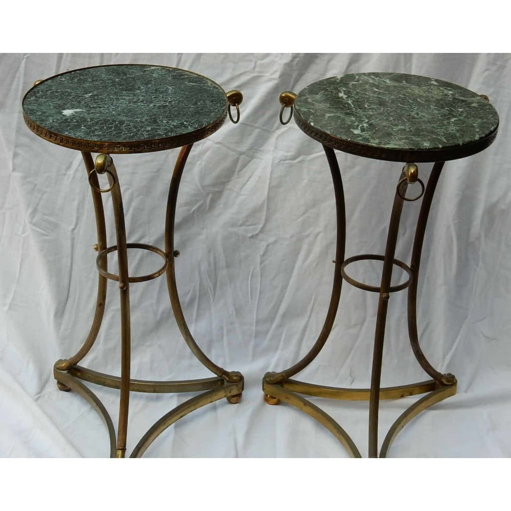 1950/70 Paire de Guéridons Style Maison Jansen Bronze Doré Plateau Marbre Veiné Vert | Biron 1950/70 Paire de Guéridons Style Maison Jansen Bronze Doré Plateau Marbre Veiné Vert