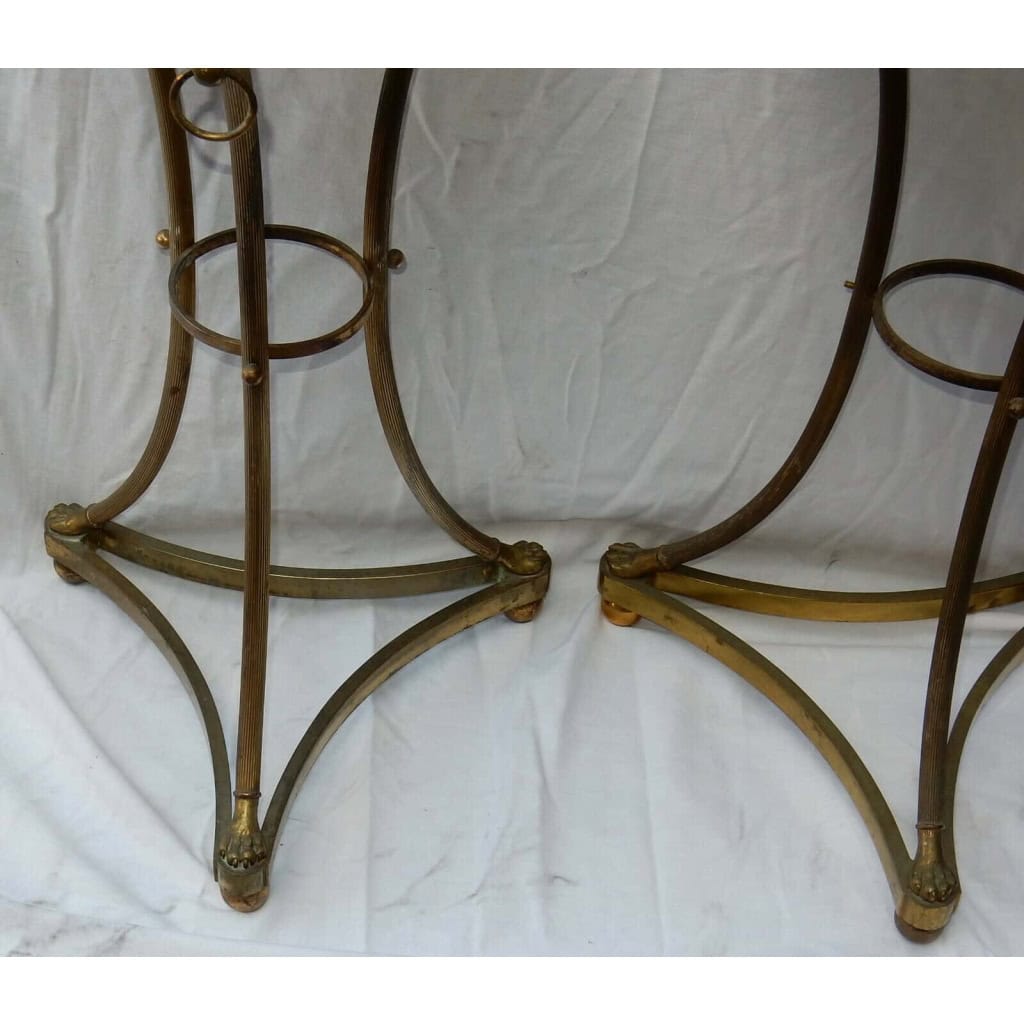 1950/70 Paire de Guéridons Style Maison Jansen Bronze Doré Plateau Marbre Veiné Vert | Biron 1950/70 Paire de Guéridons Style Maison Jansen Bronze Doré Plateau Marbre Veiné Vert