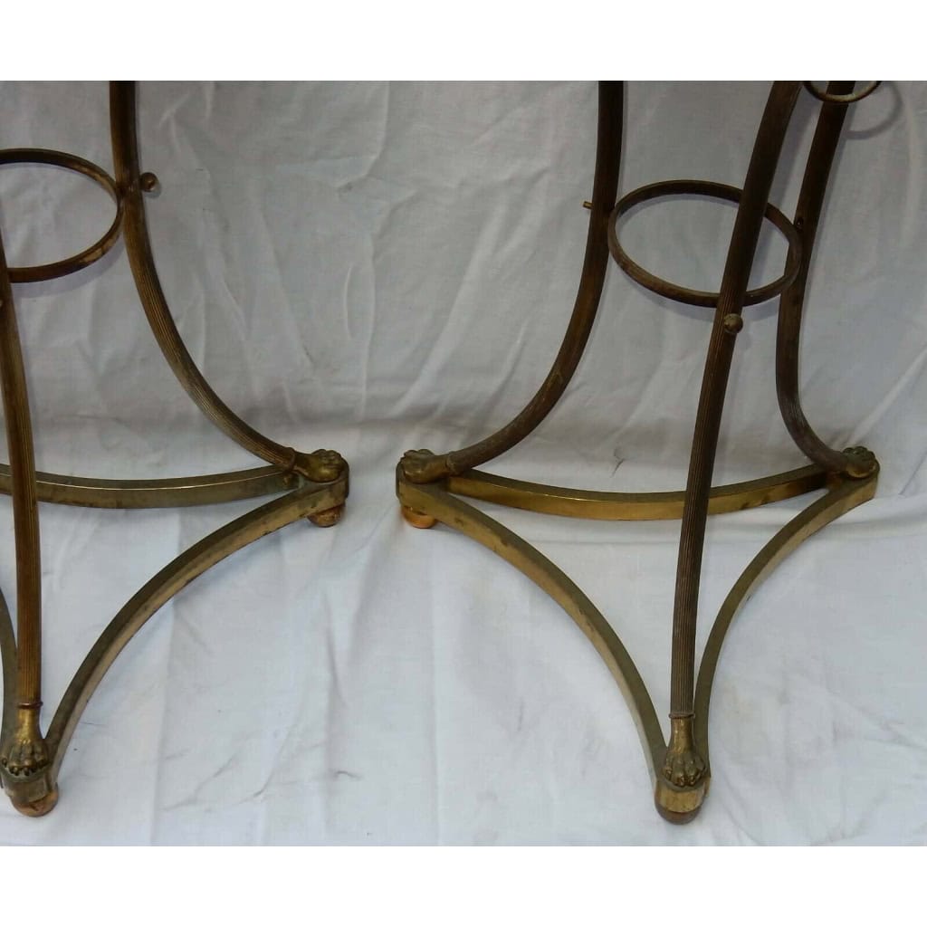 1950/70 Paire de Guéridons Style Maison Jansen Bronze Doré Plateau Marbre Veiné Vert | Biron 1950/70 Paire de Guéridons Style Maison Jansen Bronze Doré Plateau Marbre Veiné Vert