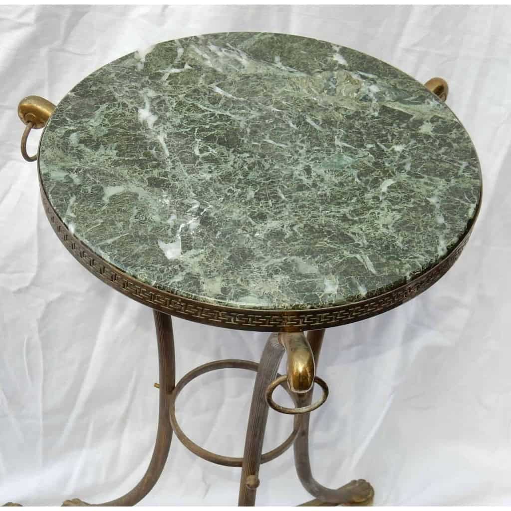 1950/70 Paire de Guéridons Style Maison Jansen Bronze Doré Plateau Marbre Veiné Vert | Biron 1950/70 Paire de Guéridons Style Maison Jansen Bronze Doré Plateau Marbre Veiné Vert