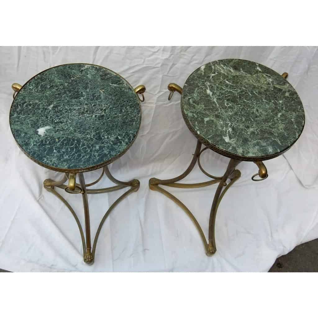 1950/70 Paire de Guéridons Style Maison Jansen Bronze Doré Plateau Marbre Veiné Vert | Biron 1950/70 Paire de Guéridons Style Maison Jansen Bronze Doré Plateau Marbre Veiné Vert
