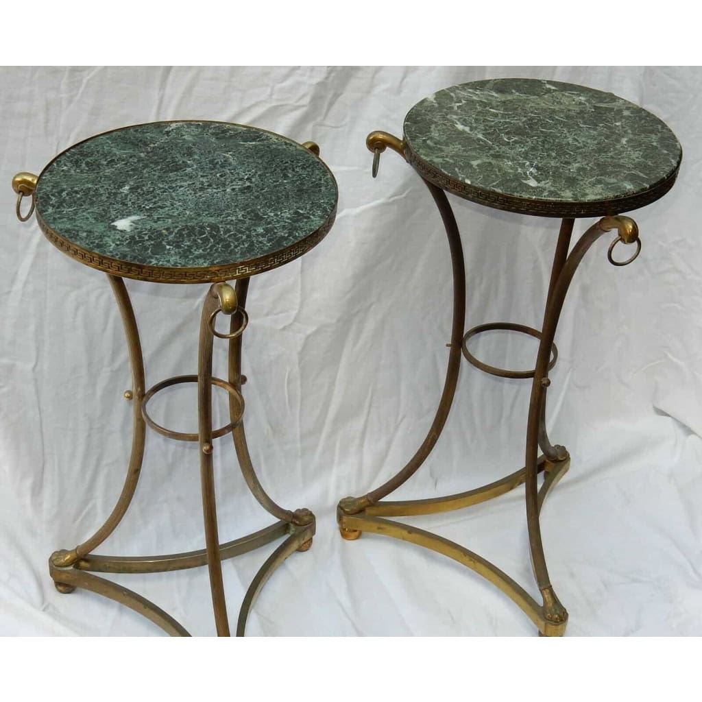 1950/70 Paire de Guéridons Style Maison Jansen Bronze Doré Plateau Marbre Veiné Vert | Biron 1950/70 Paire de Guéridons Style Maison Jansen Bronze Doré Plateau Marbre Veiné Vert