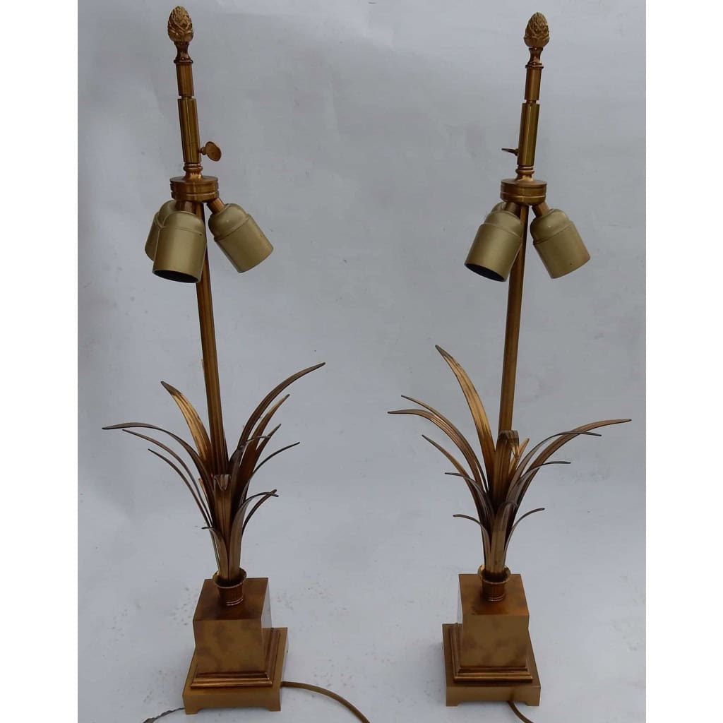 1950/70 Paire de Lampes Aux Roseaux en Laiton et Bronze Doré Signées Charles | Biron |||||||||