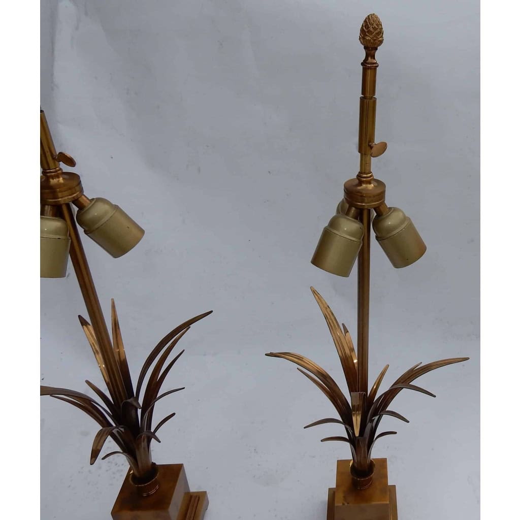 1950/70 Paire de Lampes Aux Roseaux en Laiton et Bronze Doré Signées Charles | Biron 1950/70 Paire de Lampes Aux Roseaux en Laiton et Bronze Doré Signées Charles
