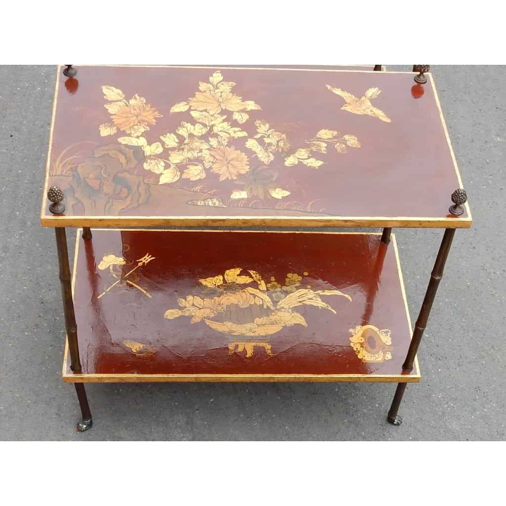 1950′ Paire de Tables Maison Baguès Décor Bambou en Bronze Doré Avec Plateaux Laque de Chine 60 X 35 X H 56