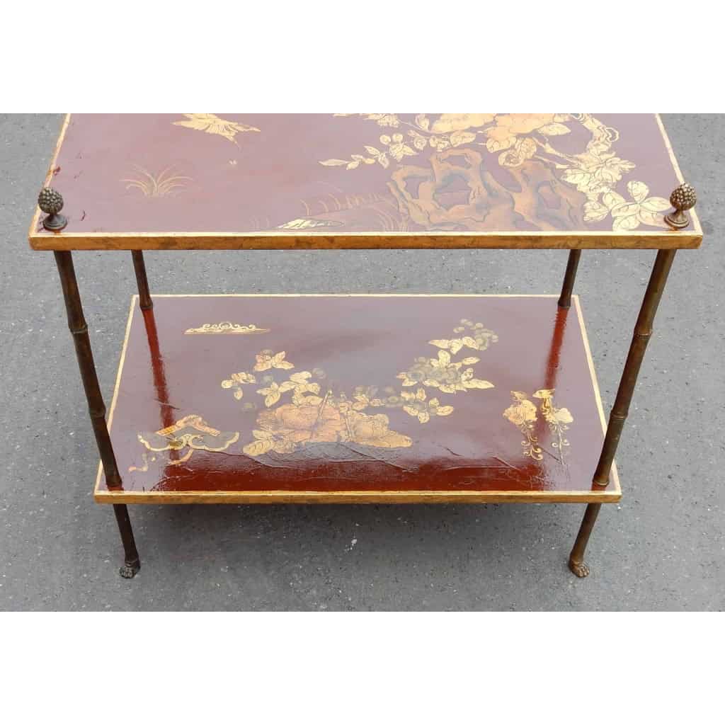 1950′ Paire de Tables Maison Baguès Décor Bambou en Bronze Doré Avec Plateaux Laque de Chine 60 X 35 X H 56