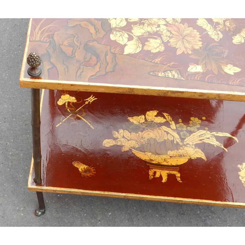 1950′ Paire de Tables Maison Baguès Décor Bambou en Bronze Doré Avec Plateaux Laque de Chine 60 X 35 X H 56