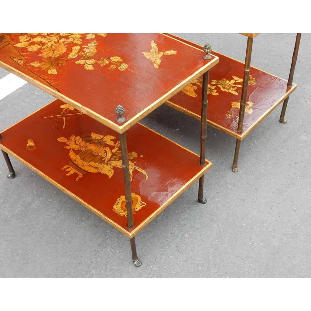 1950′ Paire de Tables Maison Baguès Décor Bambou en Bronze Doré Avec Plateaux Laque de Chine 60 X 35 X H 56