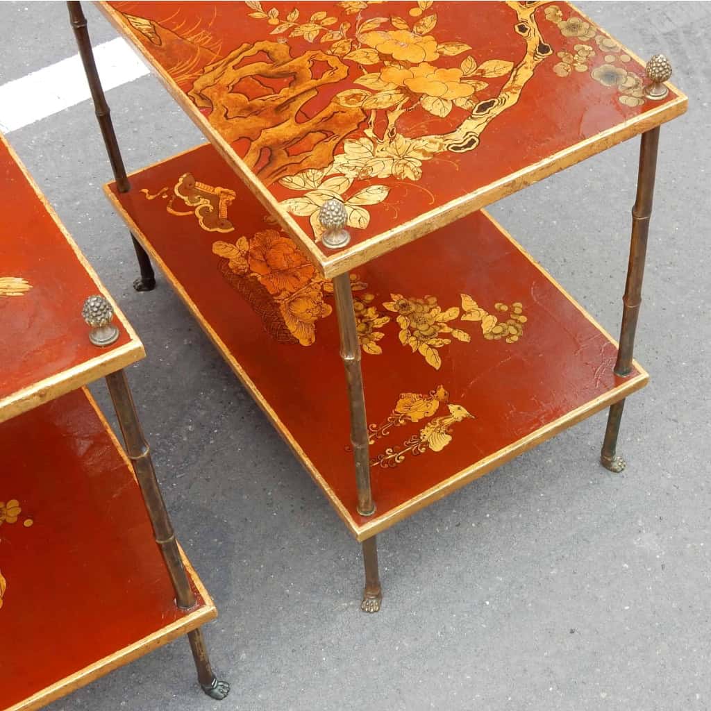 1950′ Paire de Tables Maison Baguès Décor Bambou en Bronze Doré Avec Plateaux Laque de Chine 60 X 35 X H 56