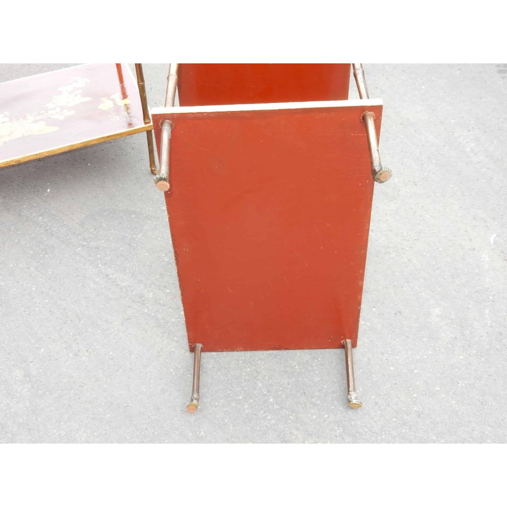1950′ Paire de Tables Maison Baguès Décor Bambou en Bronze Doré Avec Plateaux Laque de Chine 60 X 35 X H 56