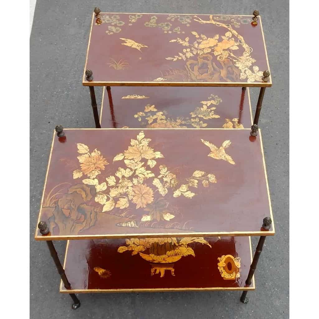 1950′ Paire de Tables Maison Baguès Décor Bambou en Bronze Doré Avec Plateaux Laque de Chine 60 X 35 X H 56