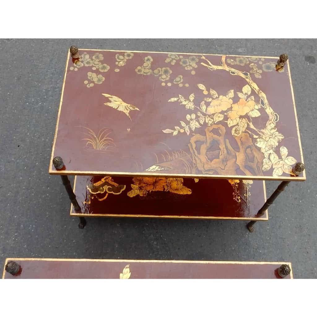 1950′ Paire de Tables Maison Baguès Décor Bambou en Bronze Doré Avec Plateaux Laque de Chine 60 X 35 X H 56