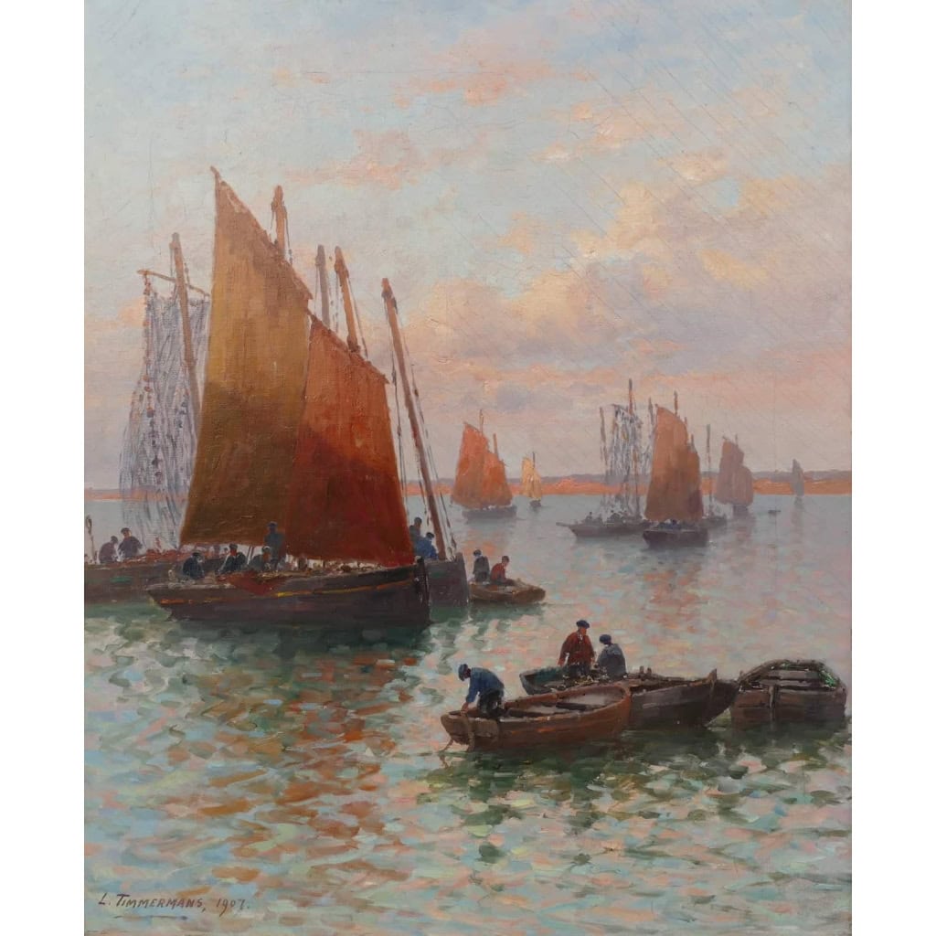 Timmermans Louis Ecole Française 19è Marine Barques Sardinières Huile Sur Toile Signée datée