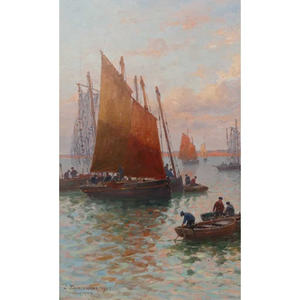 Timmermans Louis Ecole Française 19è Marine Barques Sardinières Huile Sur Toile Signée datée