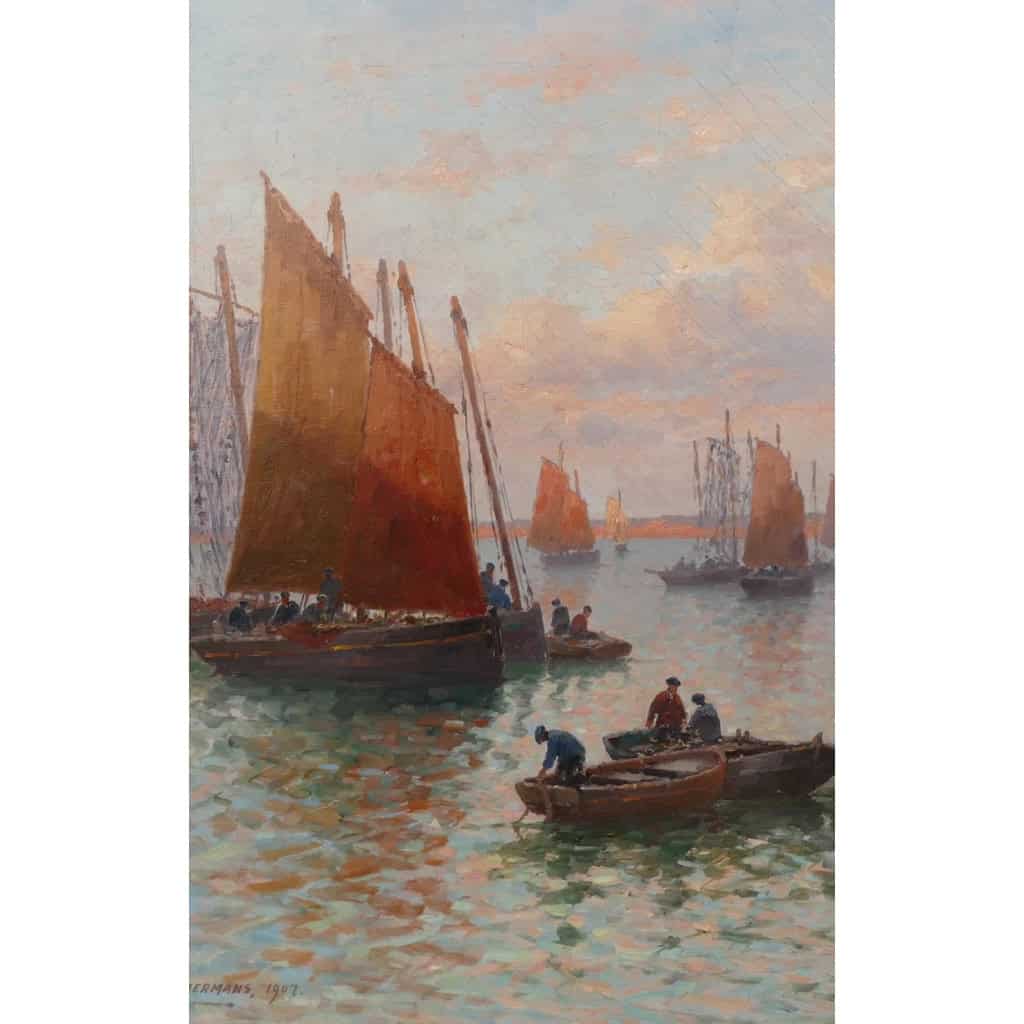 Timmermans Louis Ecole Française 19è Marine Barques Sardinières Huile Sur Toile Signée datée