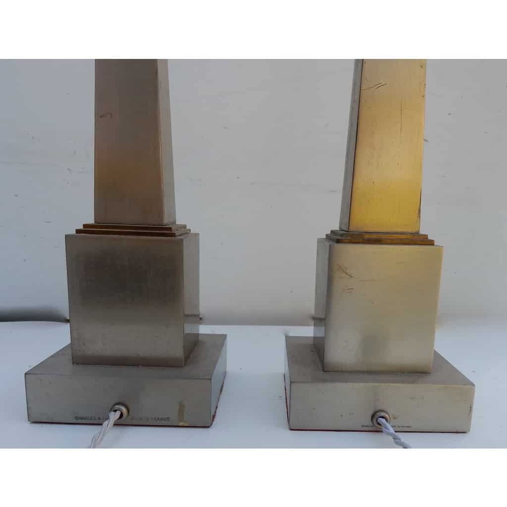 1950/70 Paire de Lampes Aux Obélisques en Laiton et Bronze Argentées et Dorées Signées Charles