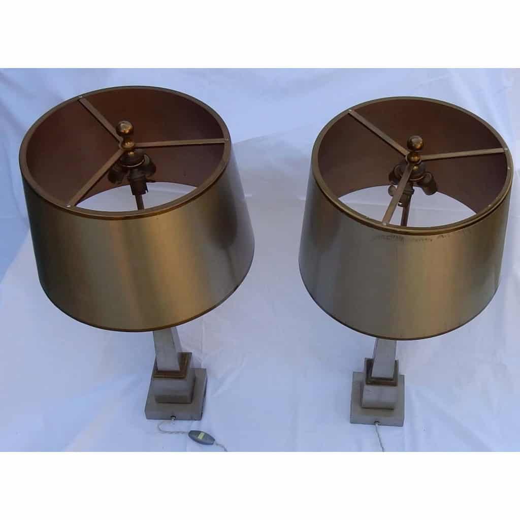 1950/70 Paire de Lampes Aux Obélisques en Laiton et Bronze Argentées et Dorées Signées Charles