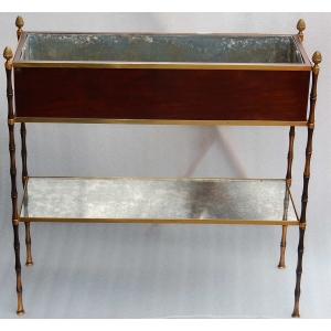 1950/70 Jardinière Maison Baguès Bronze Doré Modèle Bambou, Acajou Et Bac En Zinc