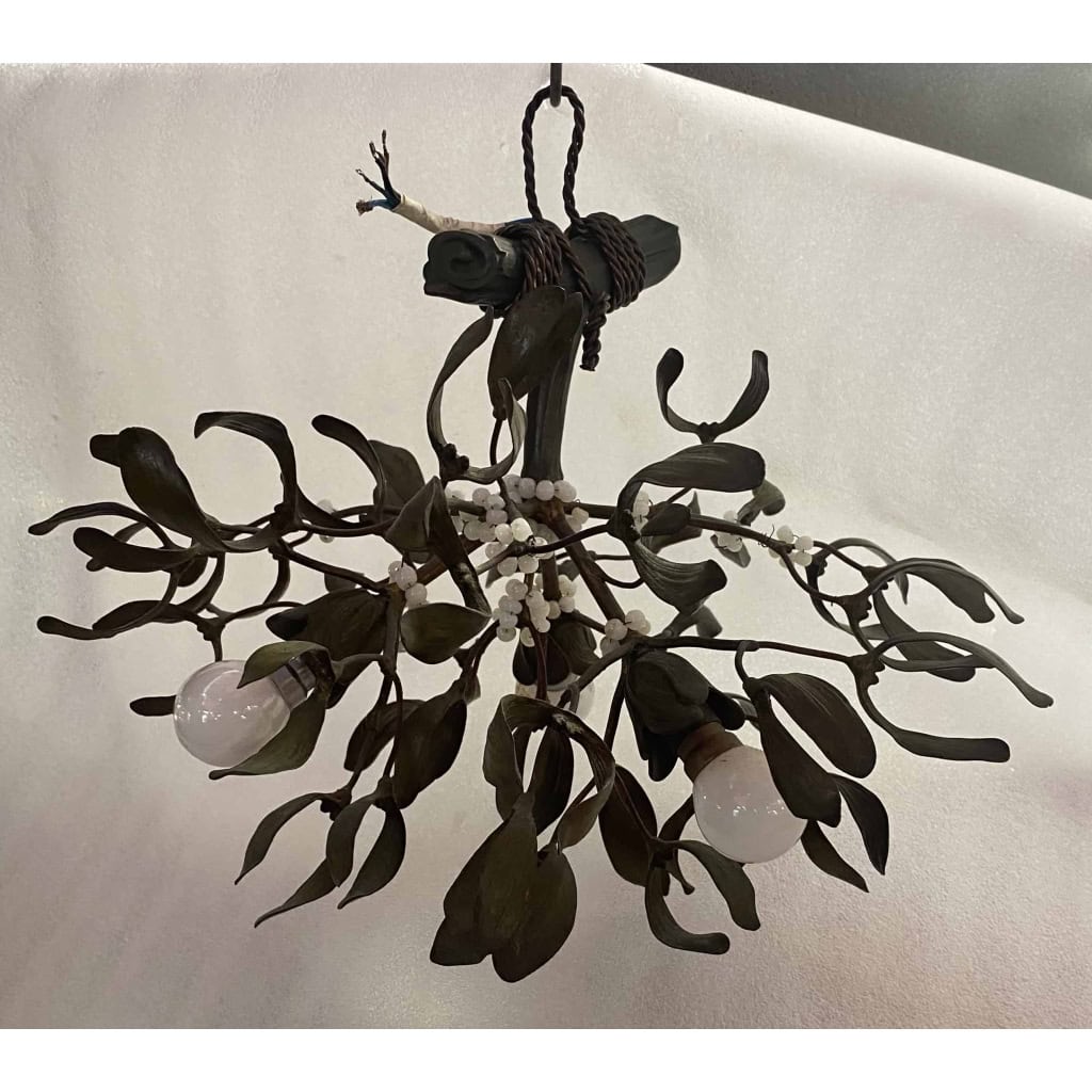 1900′ Lustre Boule de Gui en Bronze Art Nouveau a 3 Ampoules ∅ 44 cm H 37 cm Douilles En Forme De Tulipes | Biron ||||||||