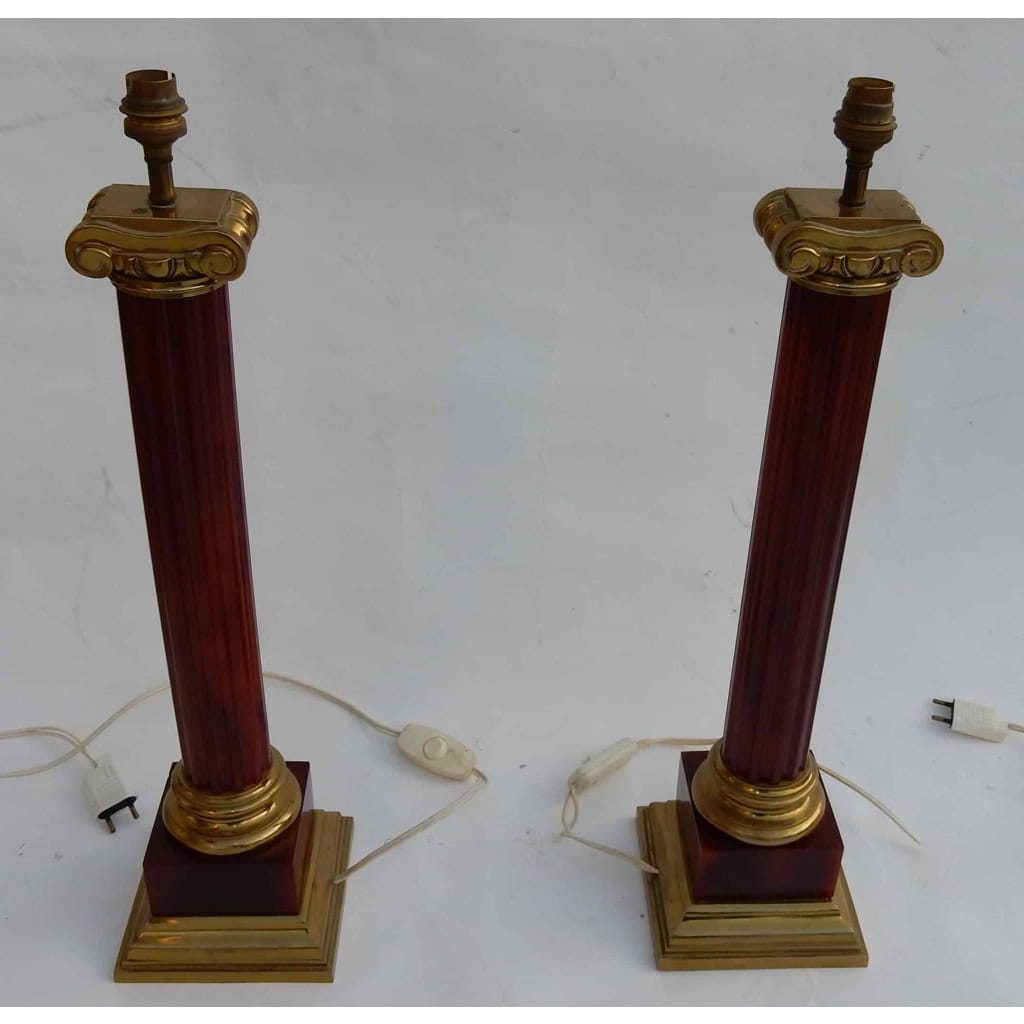 1950/70 Paire De Lampes Maison Jansen, Laiton et Bakélite, Couleur Ambré | Biron 1950/70 Paire De Lampes Maison Jansen, Laiton et Bakélite, Couleur Ambré