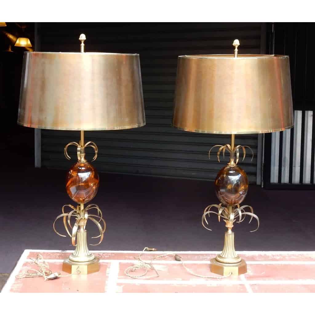 1950/70 Paire de Lampes en Bronze et Oeuf en Resine Fractable Signée Charles | Biron 1950/70 Paire de Lampes en Bronze et Oeuf en Resine Fractable Signée Charles
