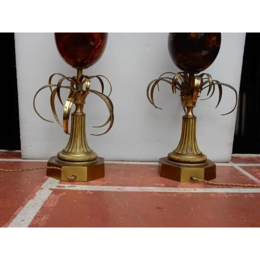 1950/70 Paire de Lampes en Bronze et Oeuf en Resine Fractable Signée Charles | Biron 1950/70 Paire de Lampes en Bronze et Oeuf en Resine Fractable Signée Charles