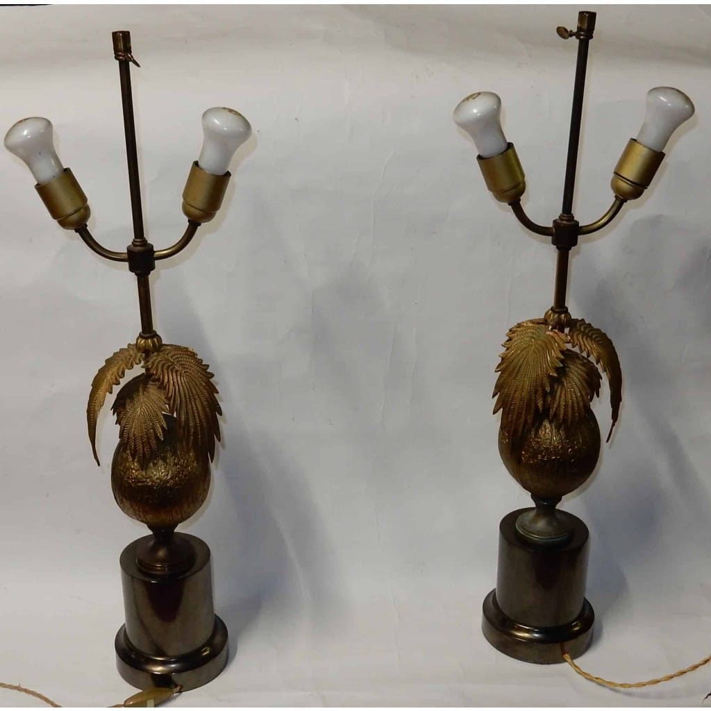 1970′ Paire De Lampes Palmier Ou Cocotier Avec Noix De Coco DLG Maison Jansen Ou Charles Non Signées | Biron |||||||||