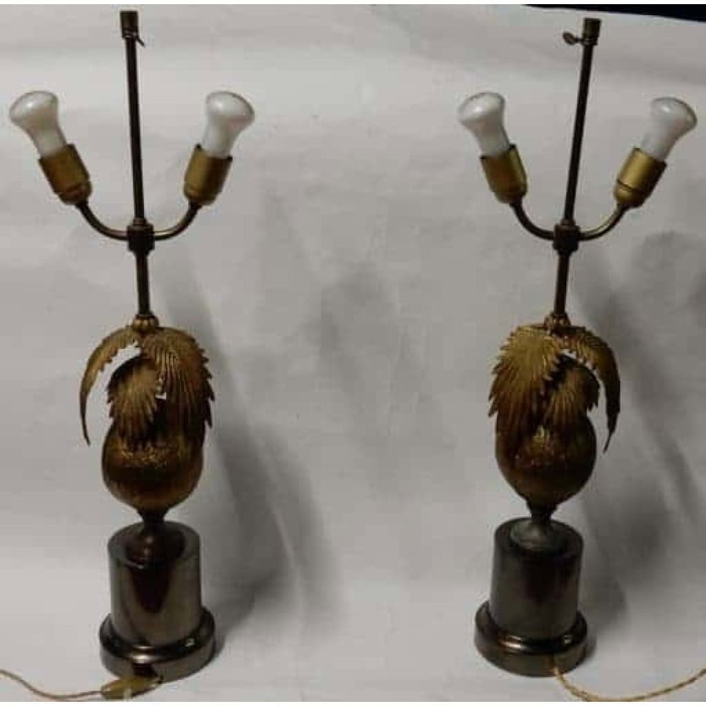 1970′ Paire De Lampes Palmier Ou Cocotier Avec Noix De Coco DLG Maison Jansen Ou Charles Non Signées | Biron 1970′ Paire De Lampes Palmier Ou Cocotier Avec Noix De Coco DLG Maison Jansen Ou Charles Non Signées