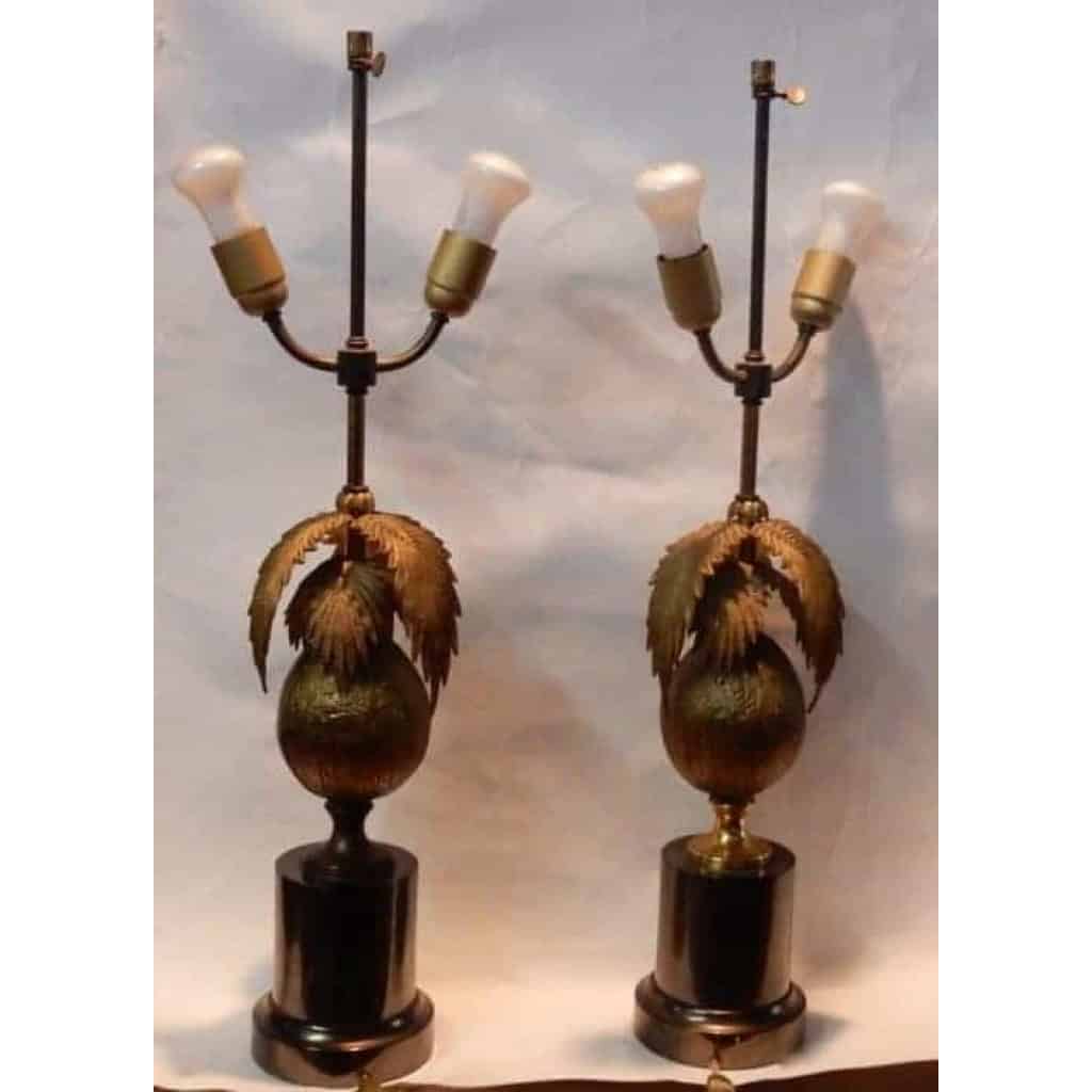 1970′ Paire De Lampes Palmier Ou Cocotier Avec Noix De Coco DLG Maison Jansen Ou Charles Non Signées | Biron 1970′ Paire De Lampes Palmier Ou Cocotier Avec Noix De Coco DLG Maison Jansen Ou Charles Non Signées