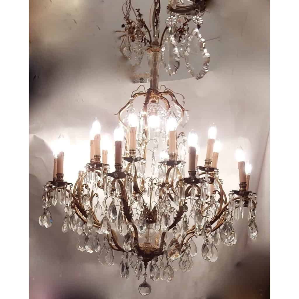 1880/1900′ Lustre Cage en Bronze Doré 10 Bras 21 Lumières