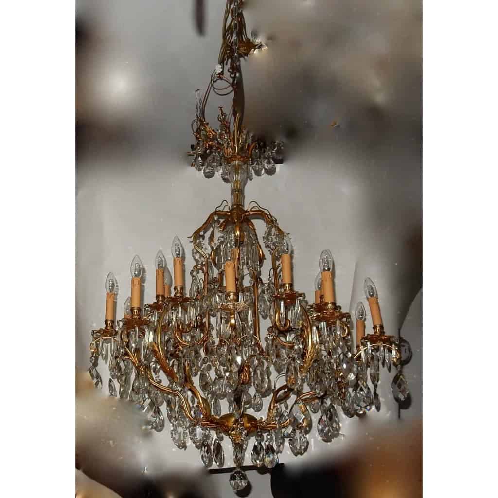 1880/1900′ Lustre Cage en Bronze Doré 10 Bras 21 Lumières