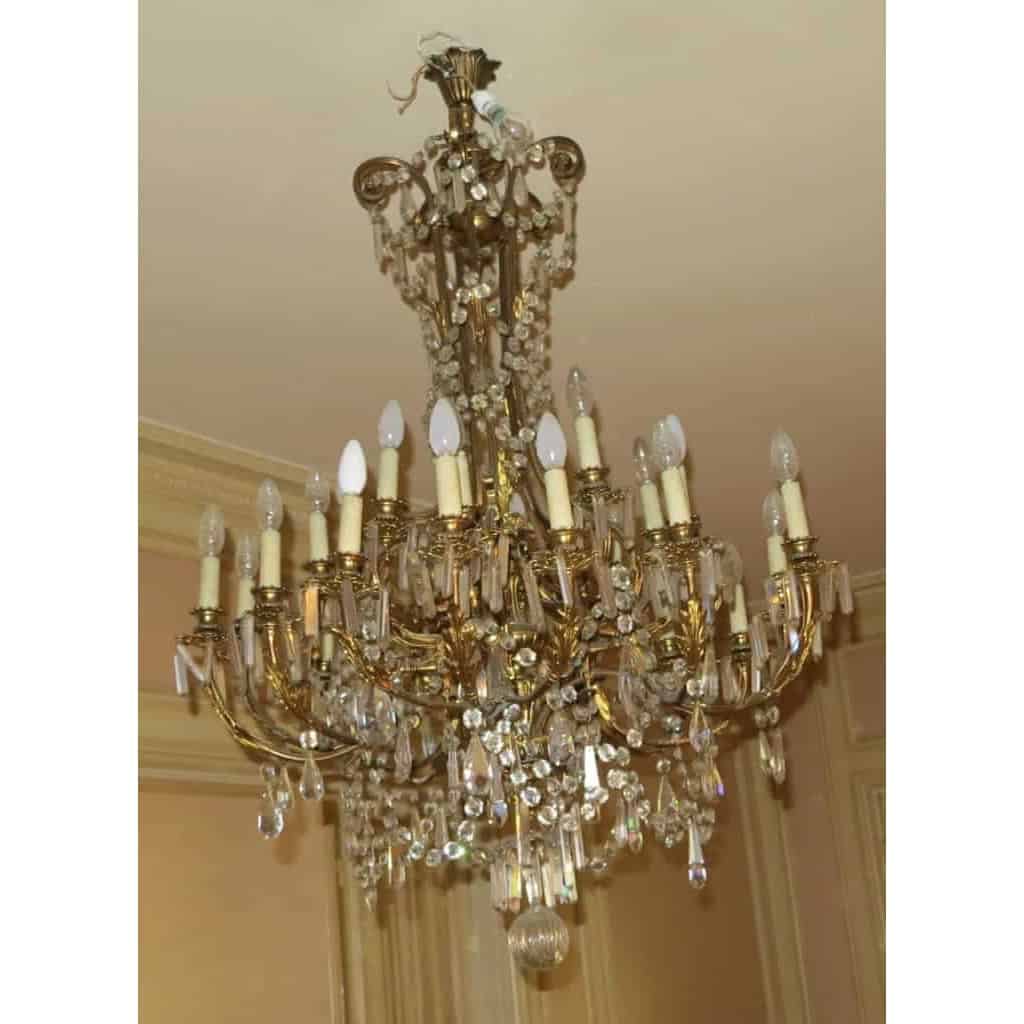 1880/1900′ Lustre Cage en Bronze Doré 10 Bras 21 Lumières