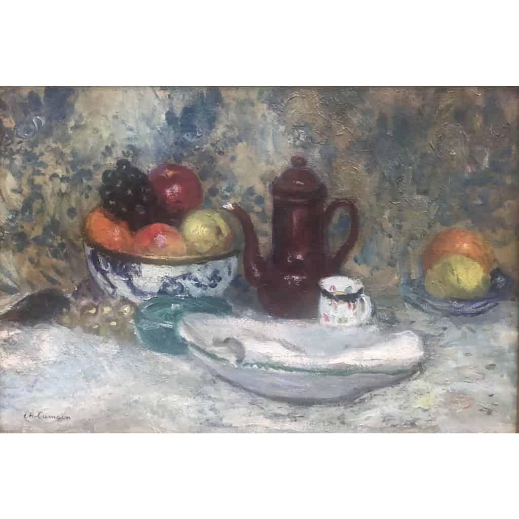 CAMOIN Charles Peinture 20è siècle Nature morte Coupe de fruits et cafetière Huile sur toile signée