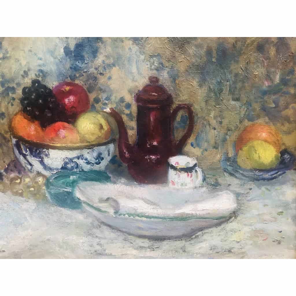 CAMOIN Charles Peinture 20è siècle Nature morte Coupe de fruits et cafetière Huile sur toile signée