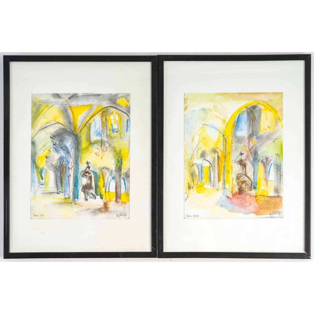 Paire d’aquarelle, intérieur d’église, XXème siècle | Biron |||||||