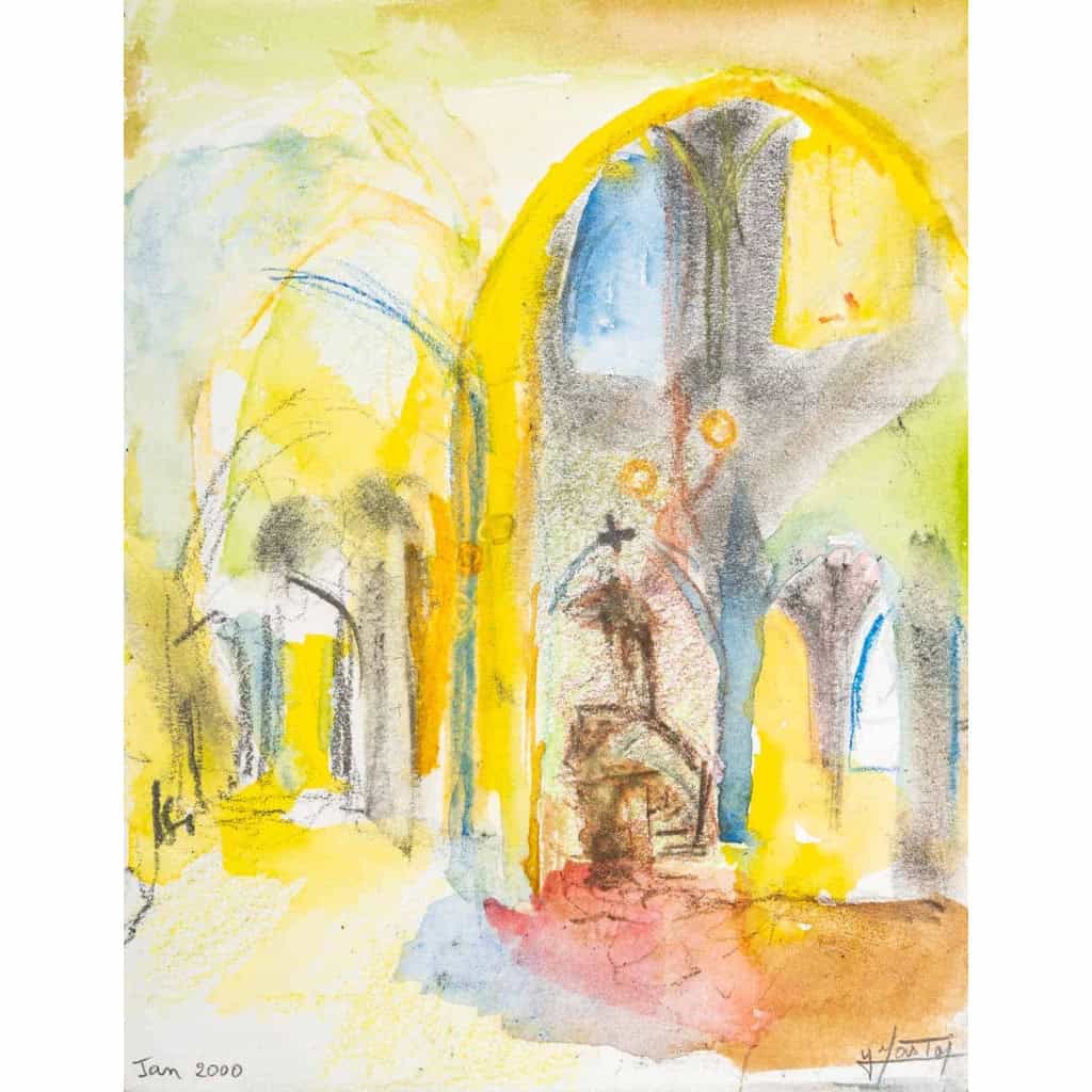 Paire d’aquarelle, intérieur d’église, XXème siècle | Biron Paire d'aquarelle, intérieur d'église, XXème siècle