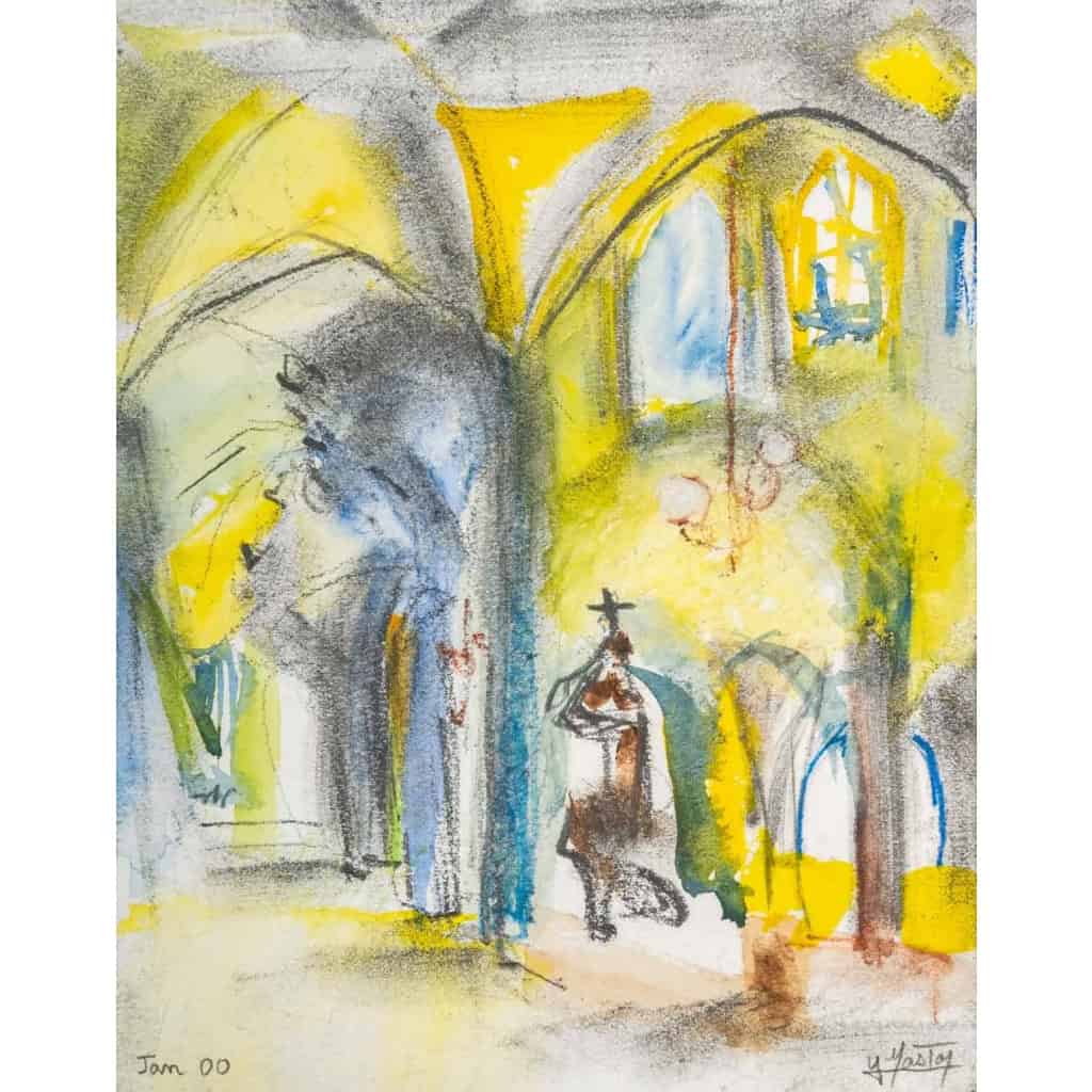 Paire d’aquarelle, intérieur d’église, XXème siècle | Biron Paire d'aquarelle, intérieur d'église, XXème siècle