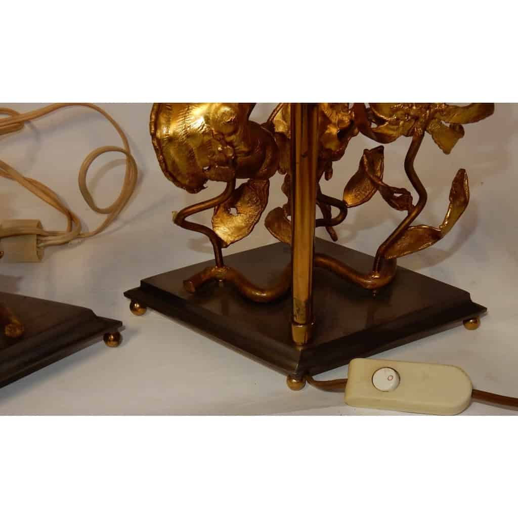 1950/70 Paire de Lampes Aux Orchidées En Bronze Argenté et Doré DLG Maison Charles Ou Maison Jansen