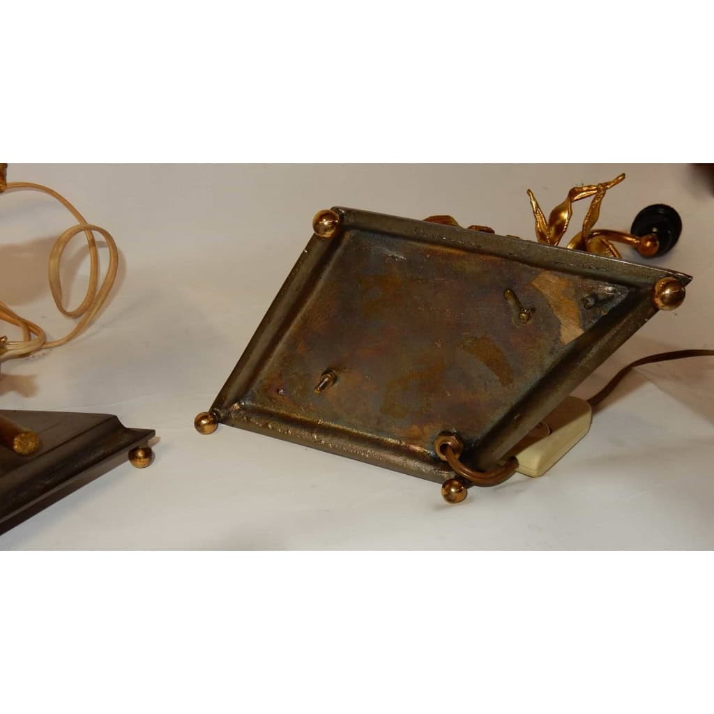 1950/70 Paire de Lampes Aux Orchidées En Bronze Argenté et Doré DLG Maison Charles Ou Maison Jansen