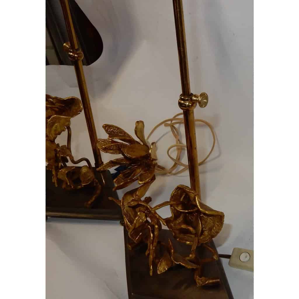 1950/70 Paire de Lampes Aux Orchidées En Bronze Argenté et Doré DLG Maison Charles Ou Maison Jansen