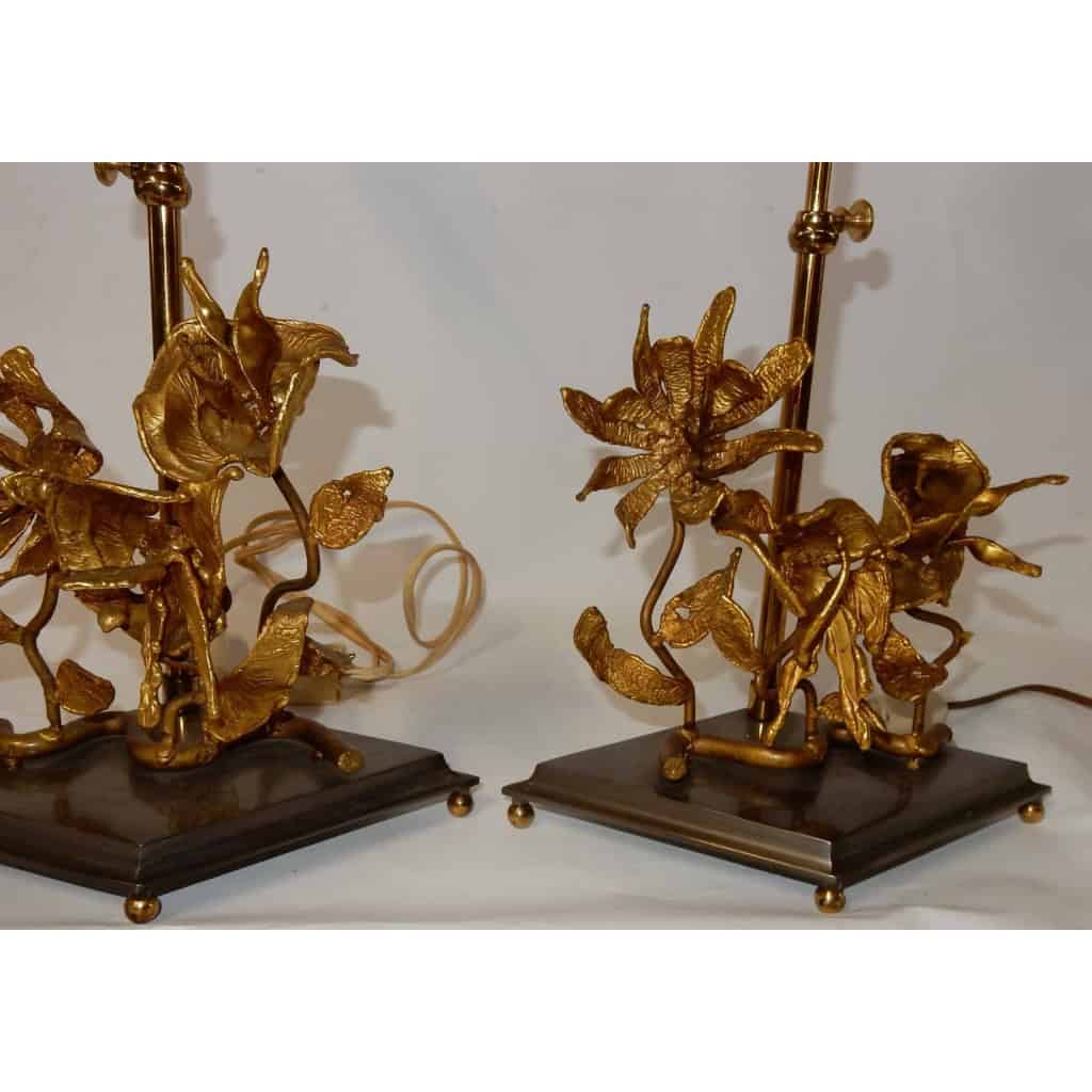 1950/70 Paire de Lampes Aux Orchidées En Bronze Argenté et Doré DLG Maison Charles Ou Maison Jansen