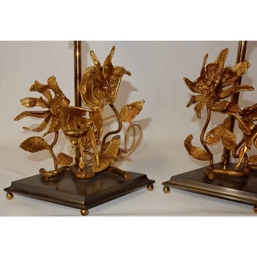 1950/70 Paire de Lampes Aux Orchidées En Bronze Argenté et Doré DLG Maison Charles Ou Maison Jansen
