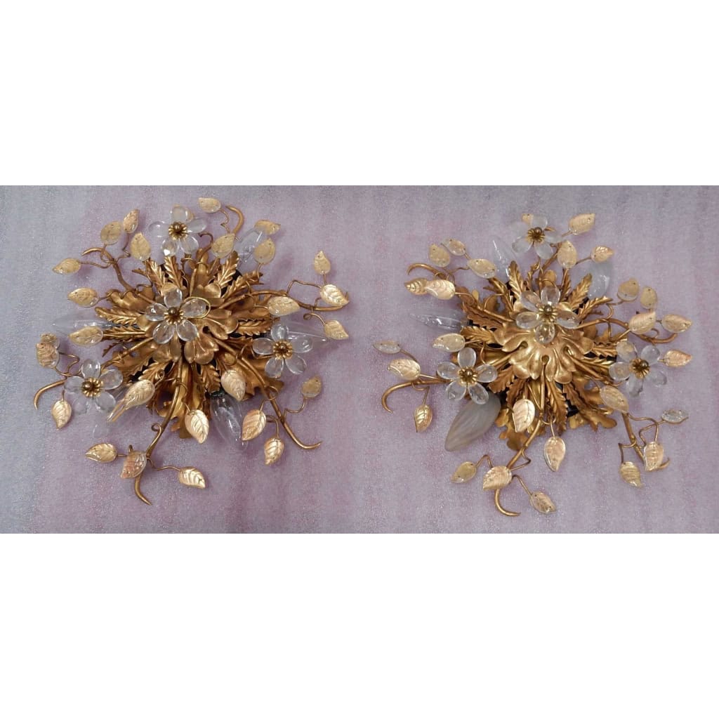 1970′ Paire De Plafonniers ou Appliques à Décor de Feuilles en Métal Et Verre Maison Baguès Ou Banci | Biron |||||||||
