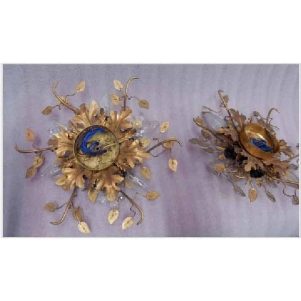 1970′ Paire De Plafonniers ou Appliques à Décor de Feuilles en Métal Et Verre Maison Baguès Ou Banci | Biron 1970′ Paire De Plafonniers ou Appliques à Décor de Feuilles en Métal Et Verre Maison Baguès Ou Banci