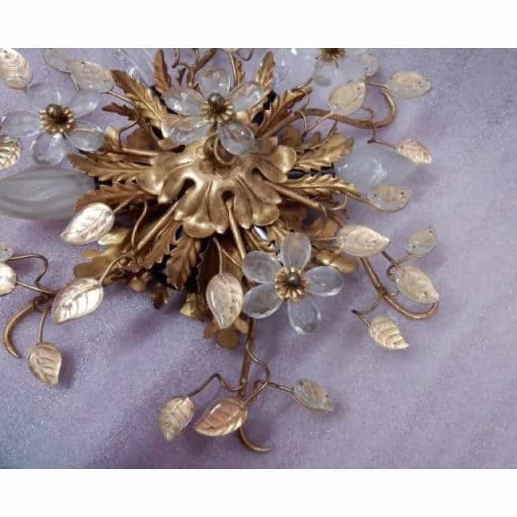 1970′ Paire De Plafonniers ou Appliques à Décor de Feuilles en Métal Et Verre Maison Baguès Ou Banci | Biron 1970′ Paire De Plafonniers ou Appliques à Décor de Feuilles en Métal Et Verre Maison Baguès Ou Banci