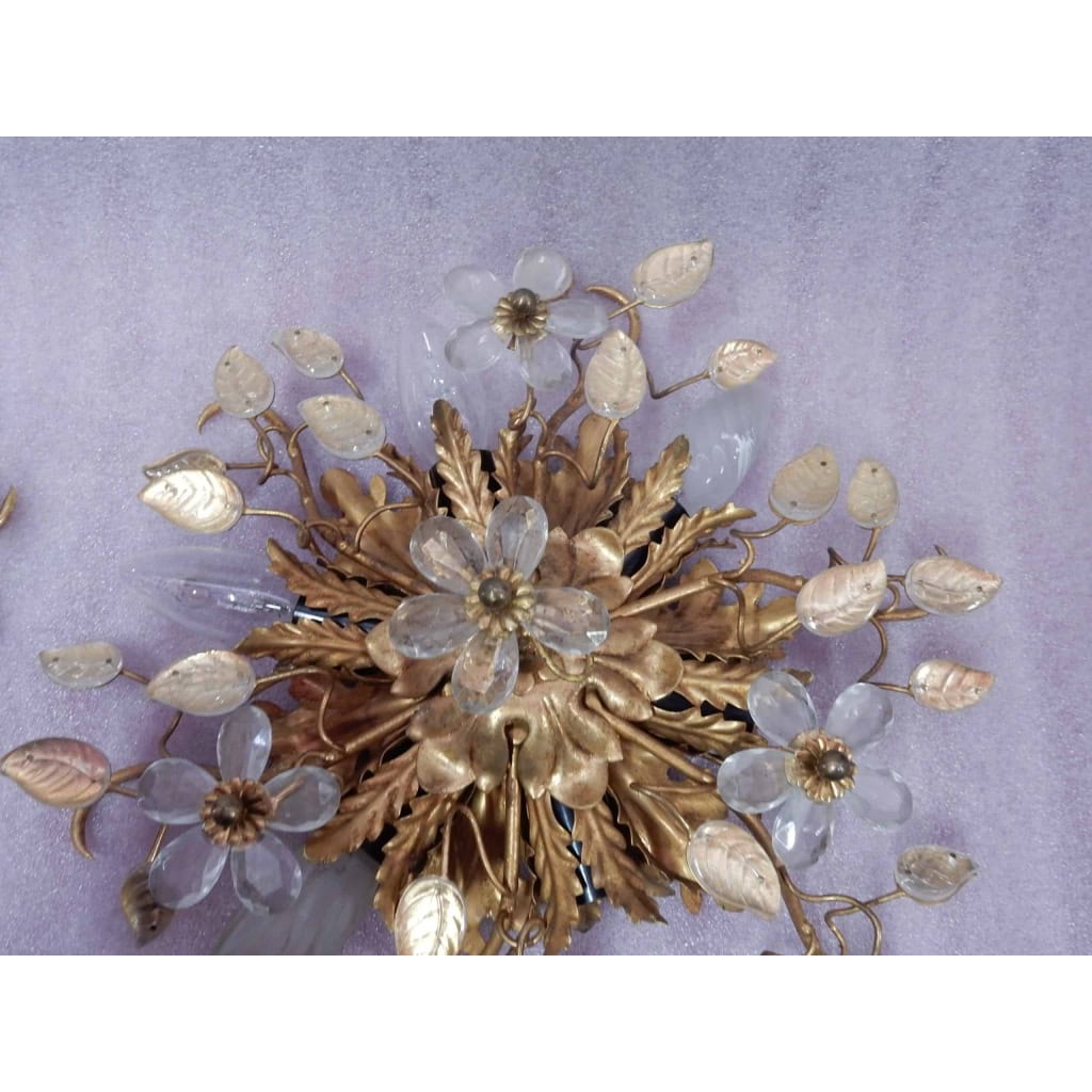 1970′ Paire De Plafonniers ou Appliques à Décor de Feuilles en Métal Et Verre Maison Baguès Ou Banci | Biron 1970′ Paire De Plafonniers ou Appliques à Décor de Feuilles en Métal Et Verre Maison Baguès Ou Banci
