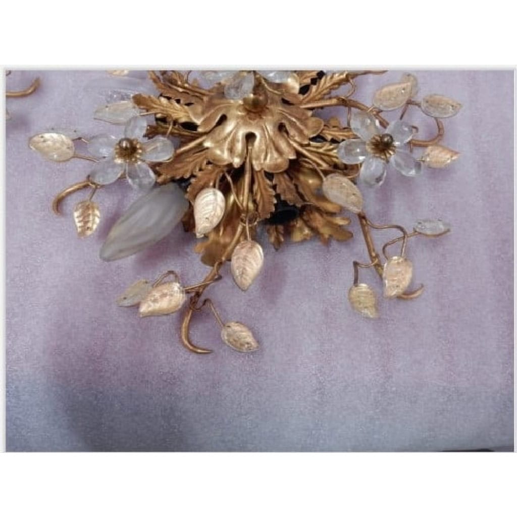 1970′ Paire De Plafonniers ou Appliques à Décor de Feuilles en Métal Et Verre Maison Baguès Ou Banci | Biron 1970′ Paire De Plafonniers ou Appliques à Décor de Feuilles en Métal Et Verre Maison Baguès Ou Banci
