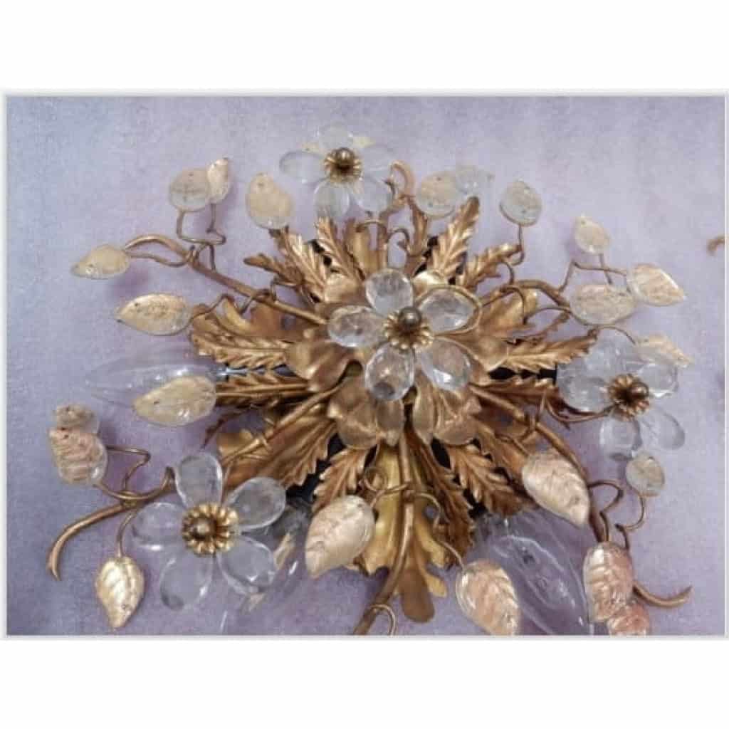 1970′ Paire De Plafonniers ou Appliques à Décor de Feuilles en Métal Et Verre Maison Baguès Ou Banci | Biron 1970′ Paire De Plafonniers ou Appliques à Décor de Feuilles en Métal Et Verre Maison Baguès Ou Banci