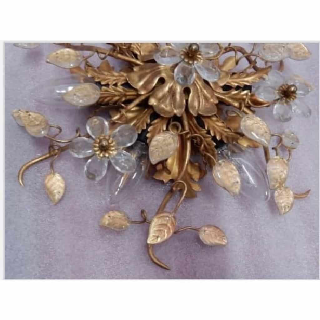 1970′ Paire De Plafonniers ou Appliques à Décor de Feuilles en Métal Et Verre Maison Baguès Ou Banci | Biron 1970′ Paire De Plafonniers ou Appliques à Décor de Feuilles en Métal Et Verre Maison Baguès Ou Banci